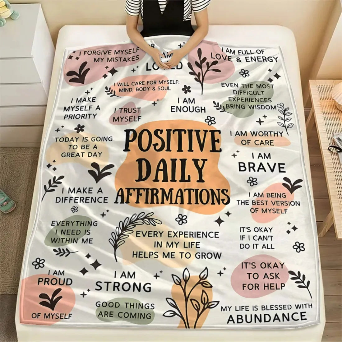 Inspiring Daily Affirmations Soft Blanket, 100% Polyester Knit Fabric, Positive Belief Gift, Support Women's Mental Health