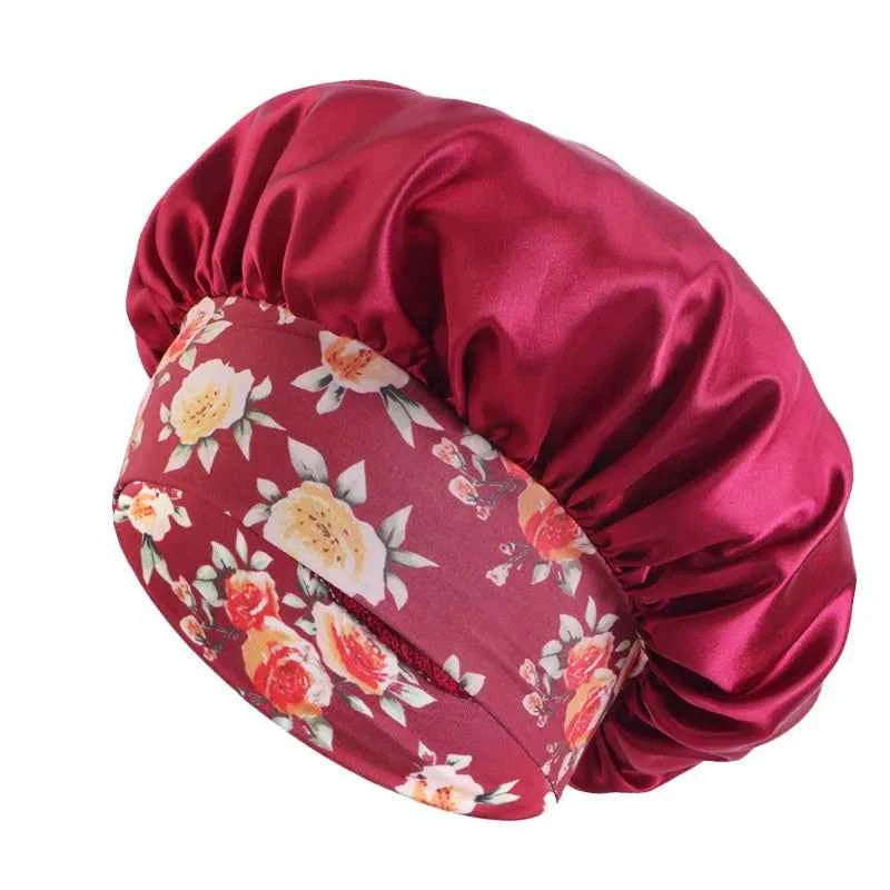Women's Fashion Bonnet Flower Printed Hair Hat with Wide Edge Elastic Silk Smooth Satin Face for Daily Home Sleep Hat Hair Wrap
