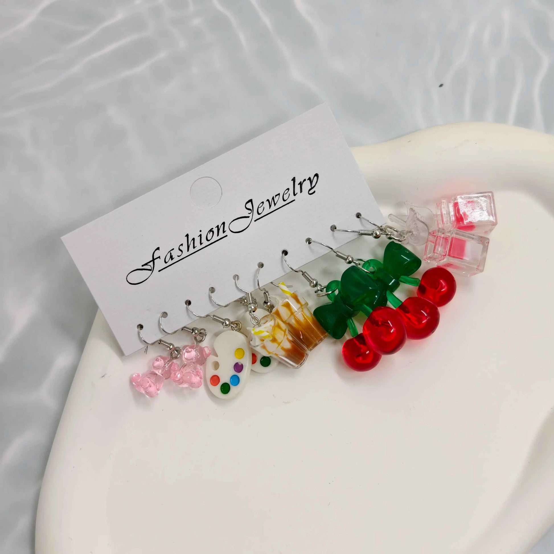 Small Fresh Candy colored Earrings Drawing Board Acrylic Colorful Little Bear Cherry Earnail Eardrop Set