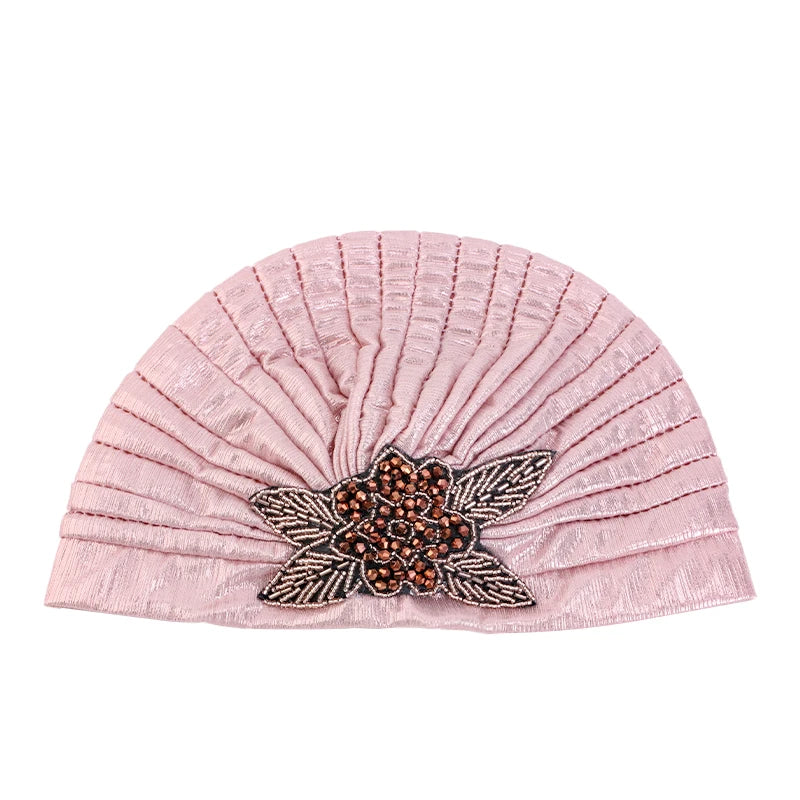 New Women Rhinestone Flower Pleated Turban Cap Ethnic Indian Hat Vintage Non Slip Head Band Chemo Cap Beanies Hair Accessories - NamafadStore