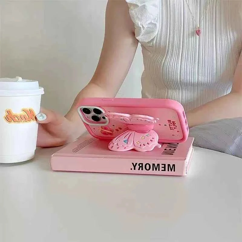 3D Butterfly Folding Stand Phone Holder Case For iPhone 16 15 14 13 12 Pro Max 11 8 7 6 Plus SE X XR Soft Silicone Cartoon Cover