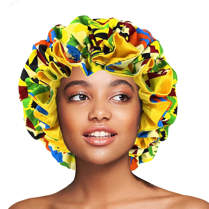 African Pattern Print Bonnet Hijabs Hat Women Night Sleep Cap Double Layer Satin Turban Extra Large Head Wear Lady Head Wrap Hat - NamafadStore