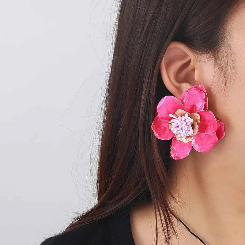 Two-tone Large Metal Flower Enamel Post Earrings For Women Fashion Jewelry Holiday Accessories Wholesales Trendy New Style MQ644