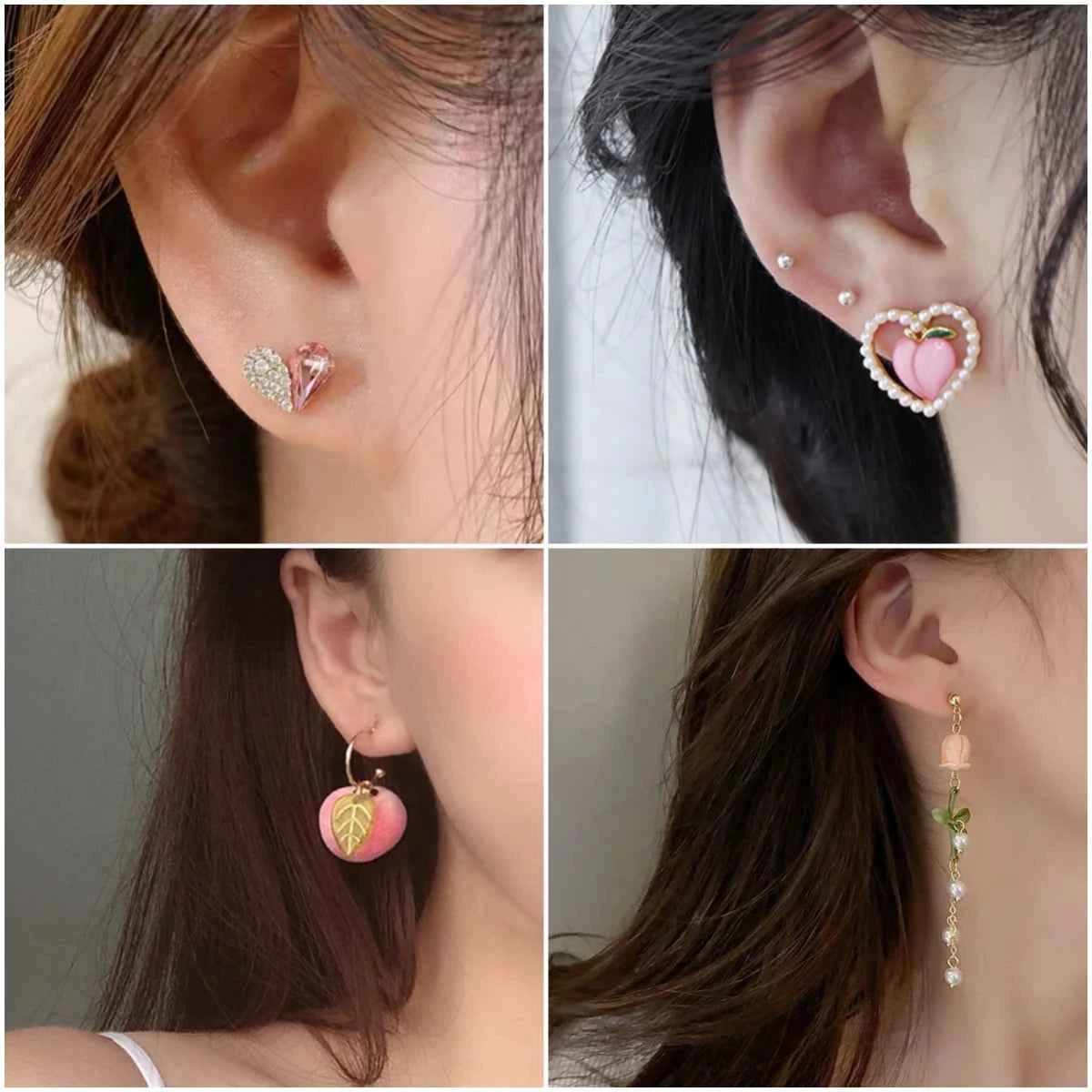 Fashion Pink Crystal Heart Flower Earrings for Women Cute Party Romantic Hollow Leaf Peach Triangular Cherry Pearl Ear Jewelry