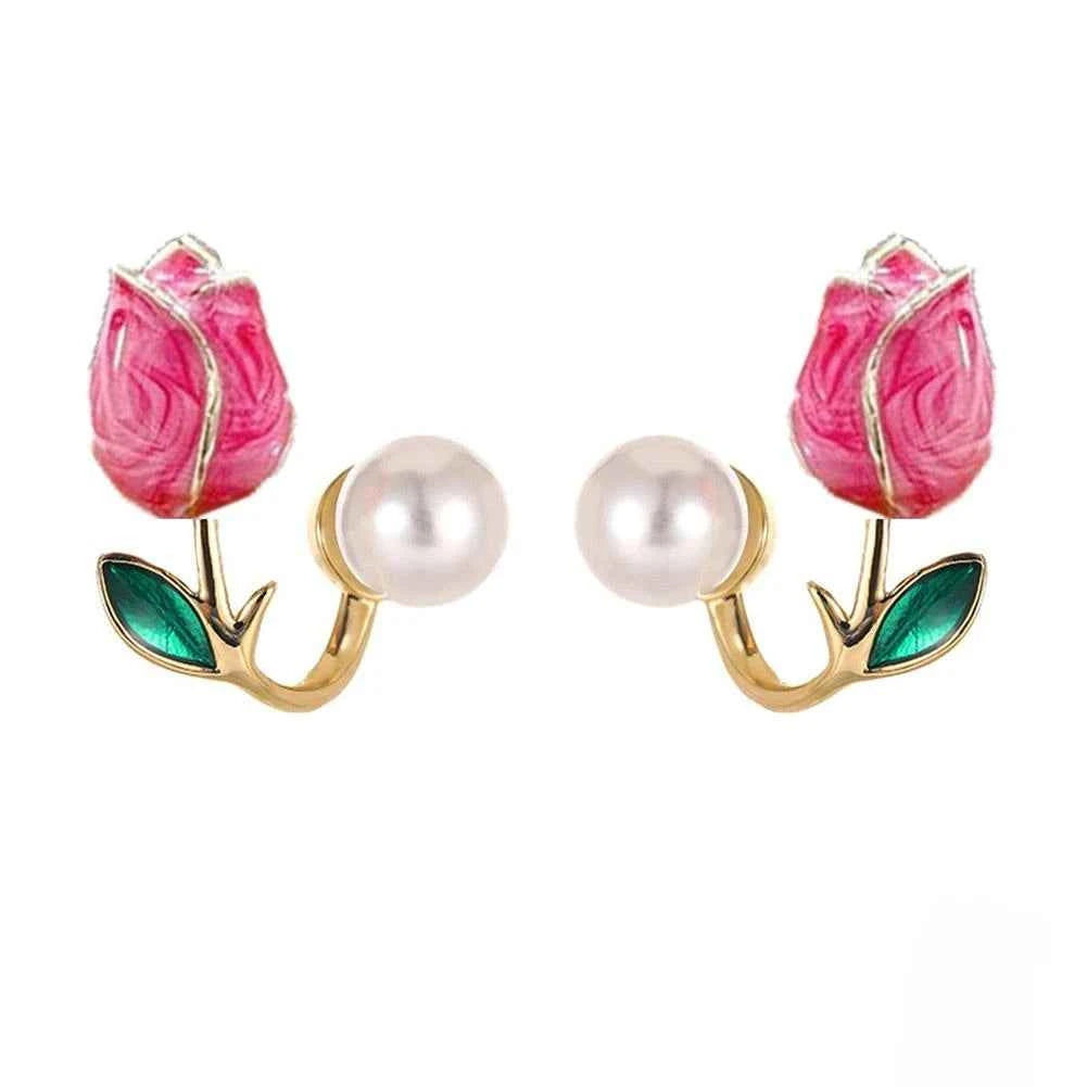 French Light Luxury Pink Tulip Flower Pearl Stud Earrings For Women Korean Zircon Exquisite Earring Party Christmas Jewelry Gift