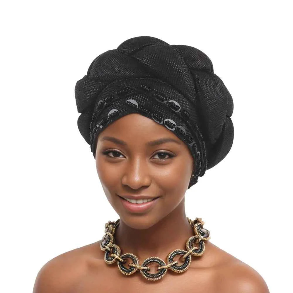 2025 Latest African Auto Gele Headtie Already Made Headties Shinning Turban Cap for Women Ready Nigerian Hijab Braid Head Wraps