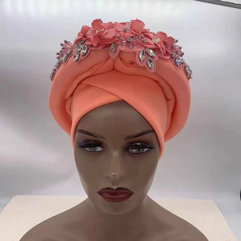 Beaded Nigeria Gele Ready African Headtie Female Head Wraps Party Headpiece Muslim Headscarf Hat Women's Turban Cap with Stones