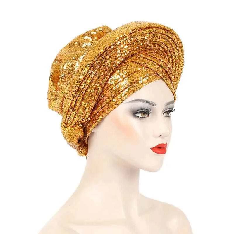 2025 Sequins Turban Chemo Cap for Women Ready to Wear African Auto Gele Headtie Nigeria Wedding Geles Female Head Wrap Headpiece