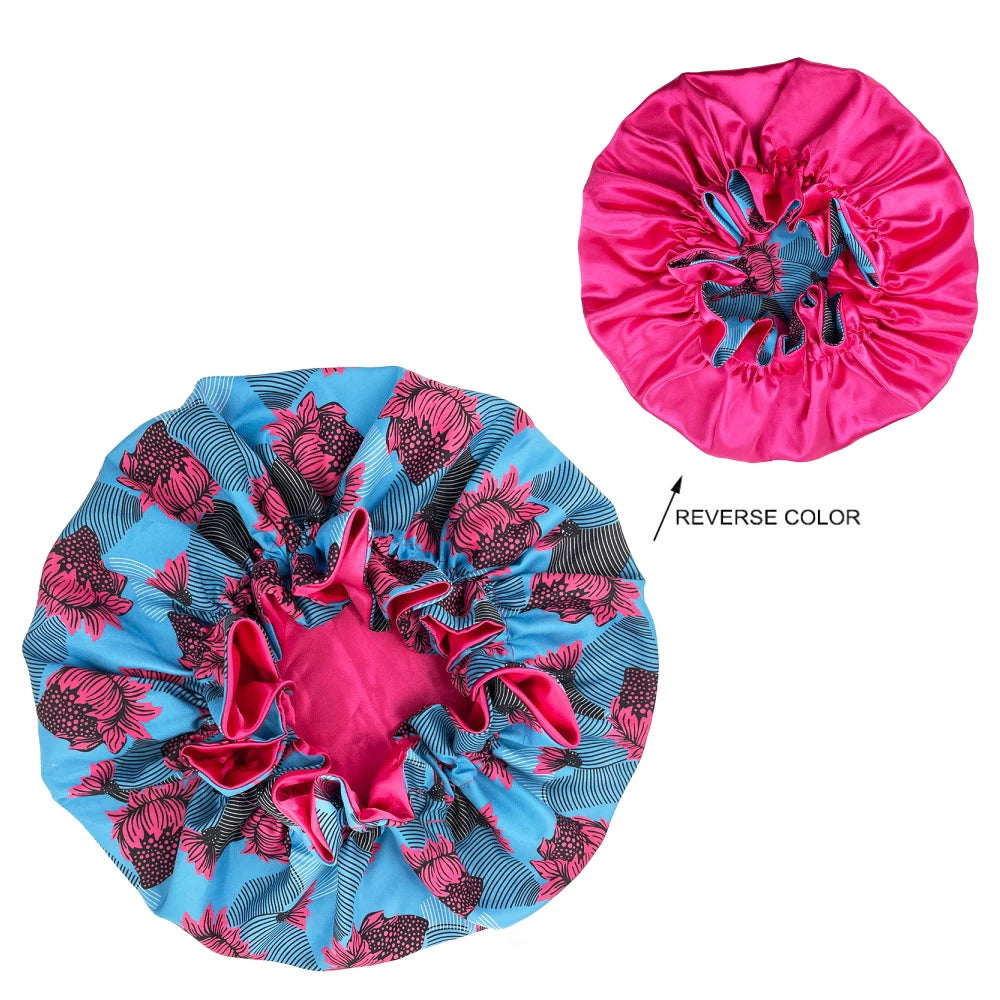 African Pattern Print Bonnet Hijabs Hat Women Night Sleep Cap Double Layer Satin Turban Extra Large Head Wear Lady Head Wrap Hat - NamafadStore