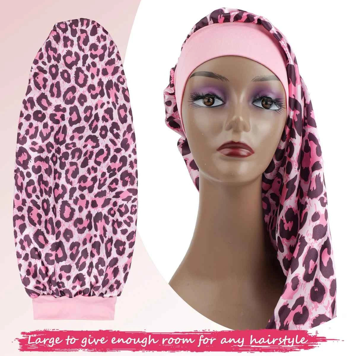 Women's Long Round Tail Bonnet-Silk Sleep Bonnet with Wide Elastic Edge-Hair Protector for Curly & Straight Hair-Leopard Print
