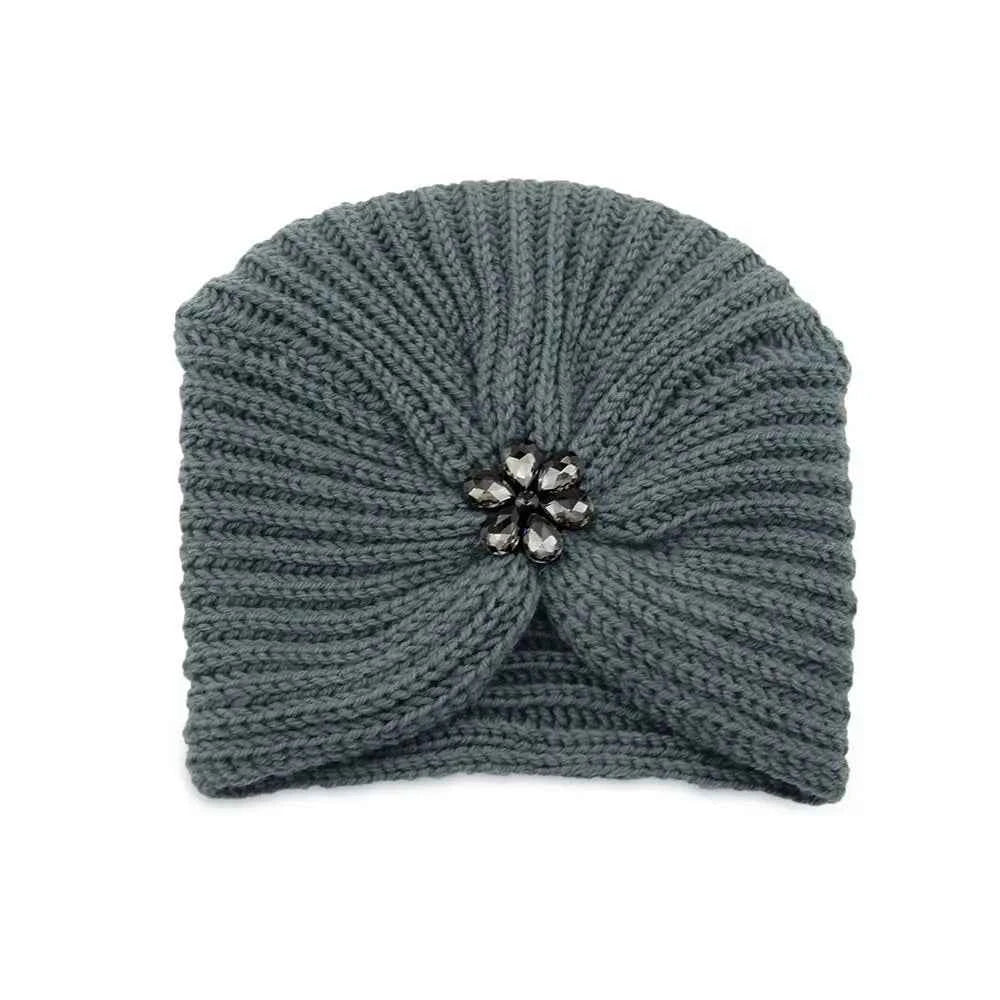 Fashion Winter Warm Hijab Caps Soft Thick Bohemia Turban Diamond Jewelry Wool Knitting Knitted Hats for Women