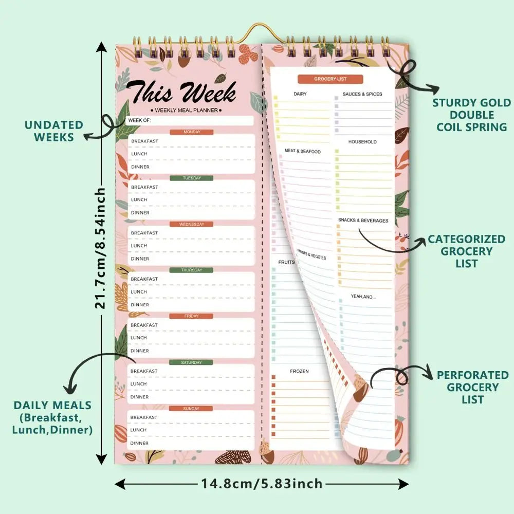 52 Sheets Meal Planning Pad Reusable Spiral Bound Weekly Meal Planner Wall-Mounted Tear-Off Design Schedule Management Book