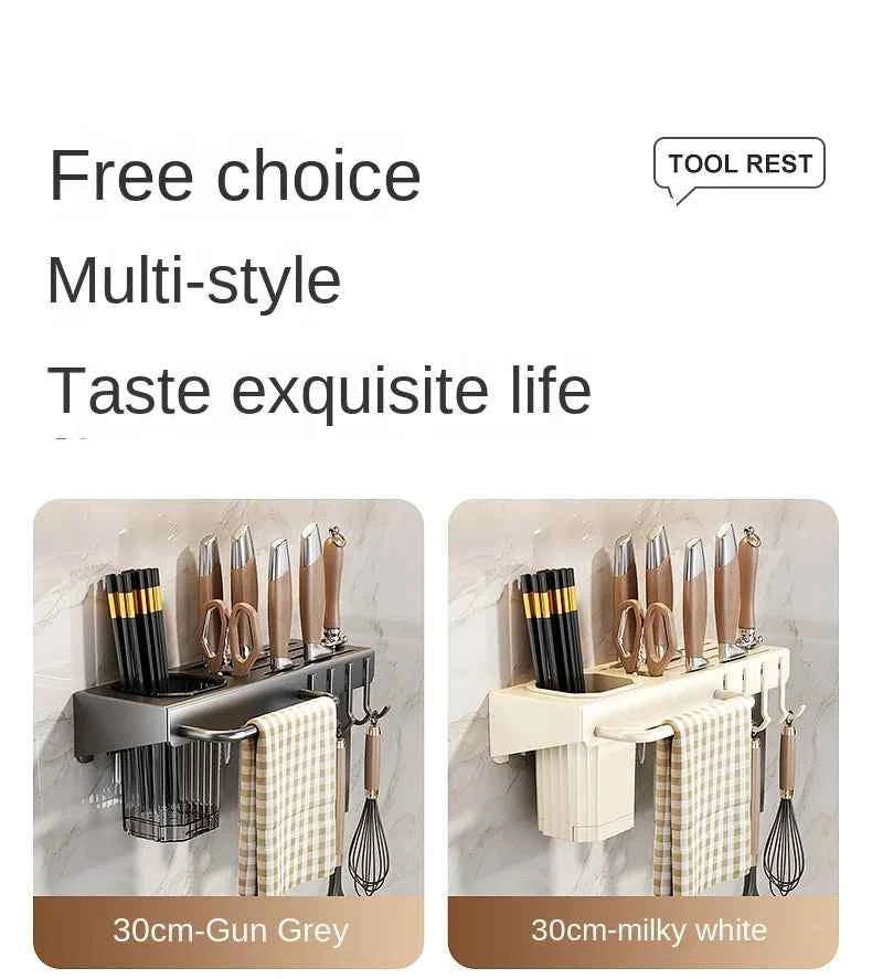 Wall-mounted knife rack for kitchen, multifunctional, no drilling required, knife and utensil holder, chopstick tube, integrated