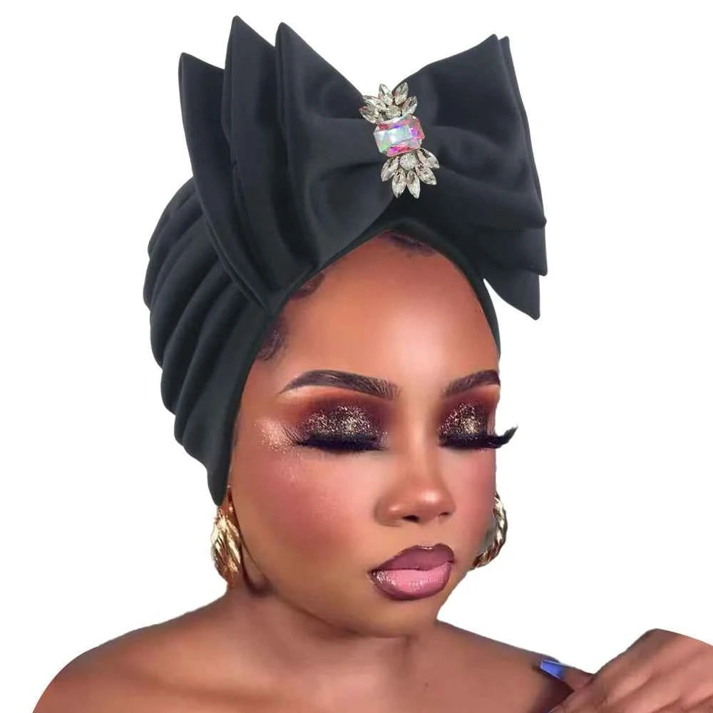 Women's Sweet Turban Cap with Multi Layer Bow Tie African Lady Head Wraps Bonnet