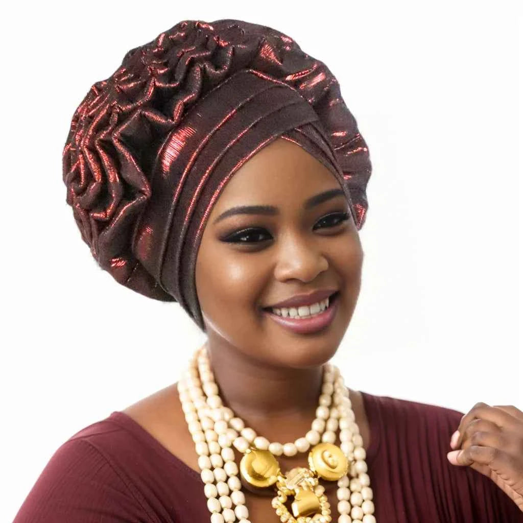 Women’s Glitter Pleated Turban Cap – Auto Gele Headtie African Wedding & Party Head Wrap