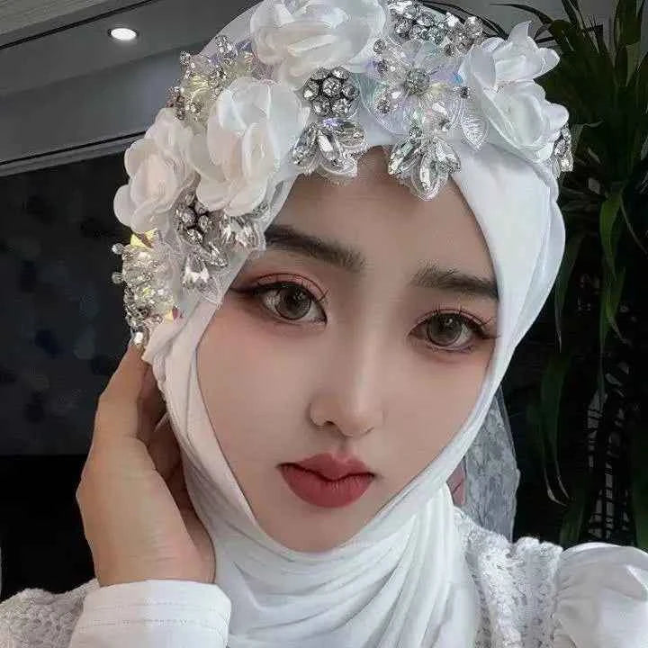 Diamonds Amira Flower Turban Hijabs Instant Scarf Women Muslim Hijab Scarves Head Cover Bride Pull On Ready Headscarf Wrap Niqab