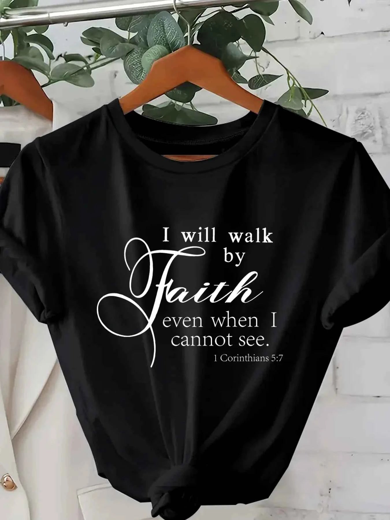 Walk By Faith Women's Tee - Bible Verse Graphic Pink Casual Top