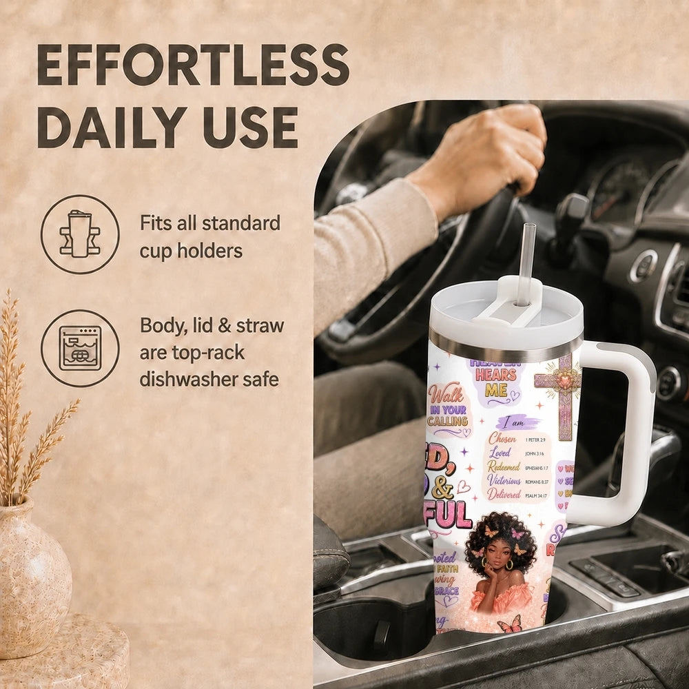 40oz Godly Black Woman Tumbler – Faith Quote Stainless Steel Travel Mug