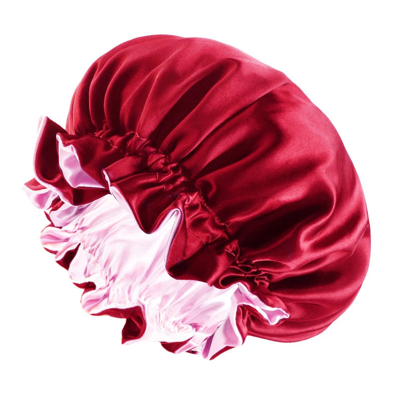 New Solid Elastic Double Layer Satin Bonnet Nightcap Women Night Sleep Hair Protection Hat Reversible Sleeping Hat Hair Care New - NamafadStore