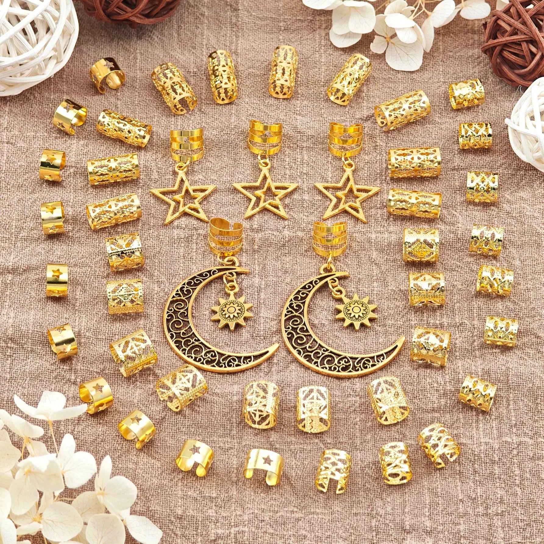 45pcs Women Dreadlock Bead Assortment Moon & Star Design Hair Accessories, Fashion Unique Hair Clip, School Stuff