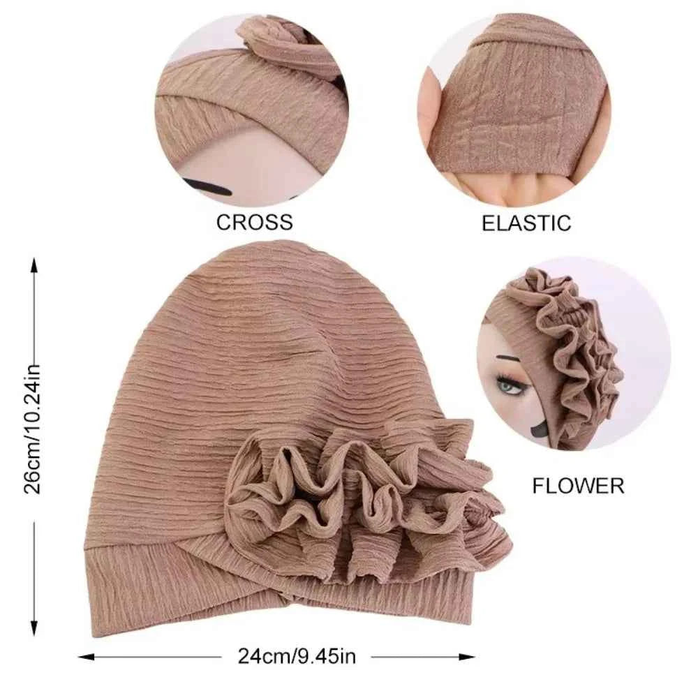 Elegant Elastic Flower Turban Hat Women Ruffle Flower Edge Pre Tied Bonnet Ramadan Chemo Cap For Wedding