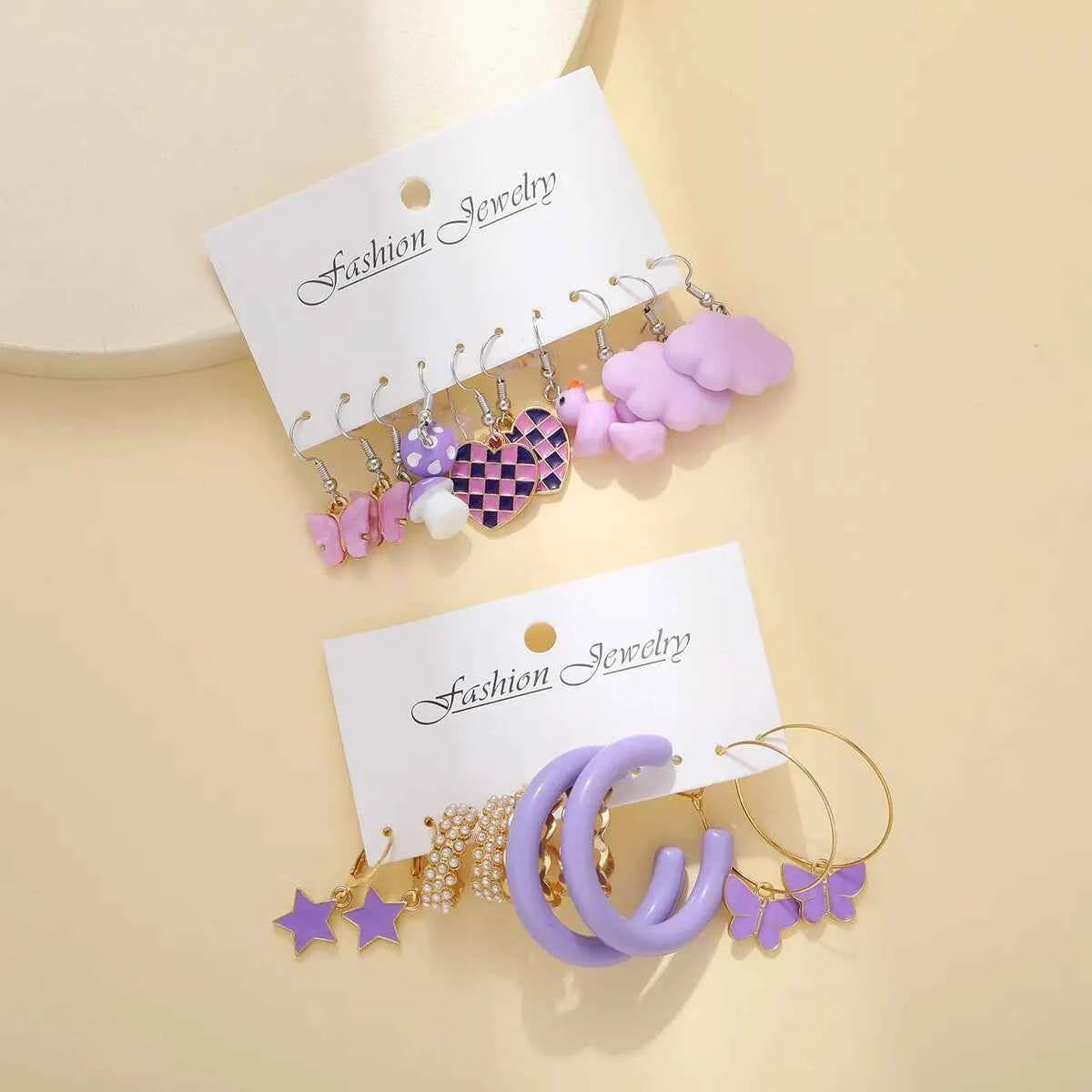 10pcs Set Of Ladies Earrings Purple Pentagram Creative Pearl Duck Mushroom Cartoon Earrings
