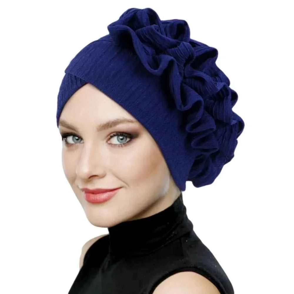 Elegant Elastic Flower Turban Hat Women Ruffle Flower Edge Pre Tied Bonnet Ramadan Chemo Cap For Wedding