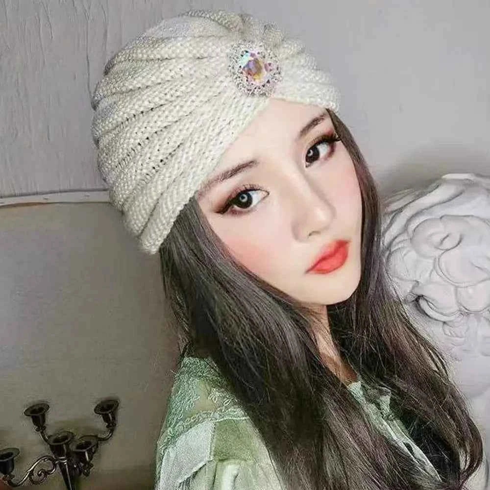Fashion Winter Warm Hijab Caps Soft Thick Bohemia Turban Diamond Jewelry Wool Knitting Knitted Hats for Women