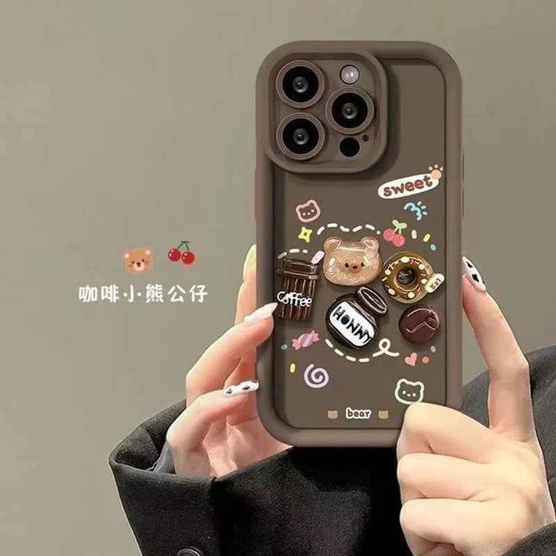 Cute 3D Bear Coffee Phone Case For Realme 14 Pro Plus 8 8i 9i 10 11 12 13 Pro 5G C21 C35 C75 C53 C67 C55 C63 C61 Matte TPU Cover