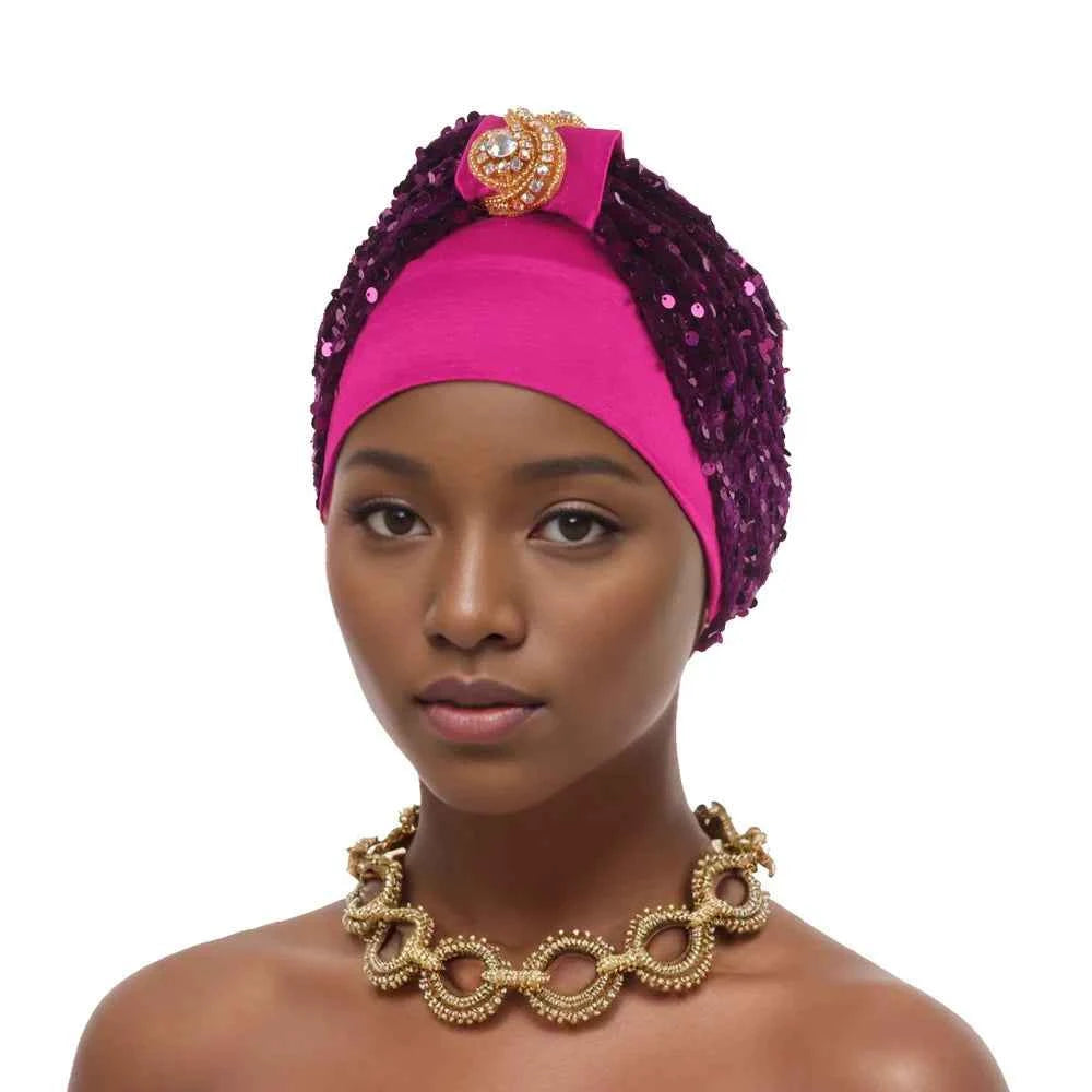 Sequin African Headtie Summer Autumn African Solid Color Party Evening Headtie African Turbans for Women Outfits Caps
