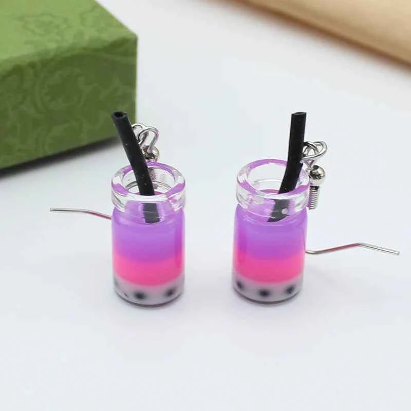 Trend Creative Funny Three Layers Colored Bubble Milky Tea Pendant Earrings for Women Personality Drink Ear Jewelry Girl Gift