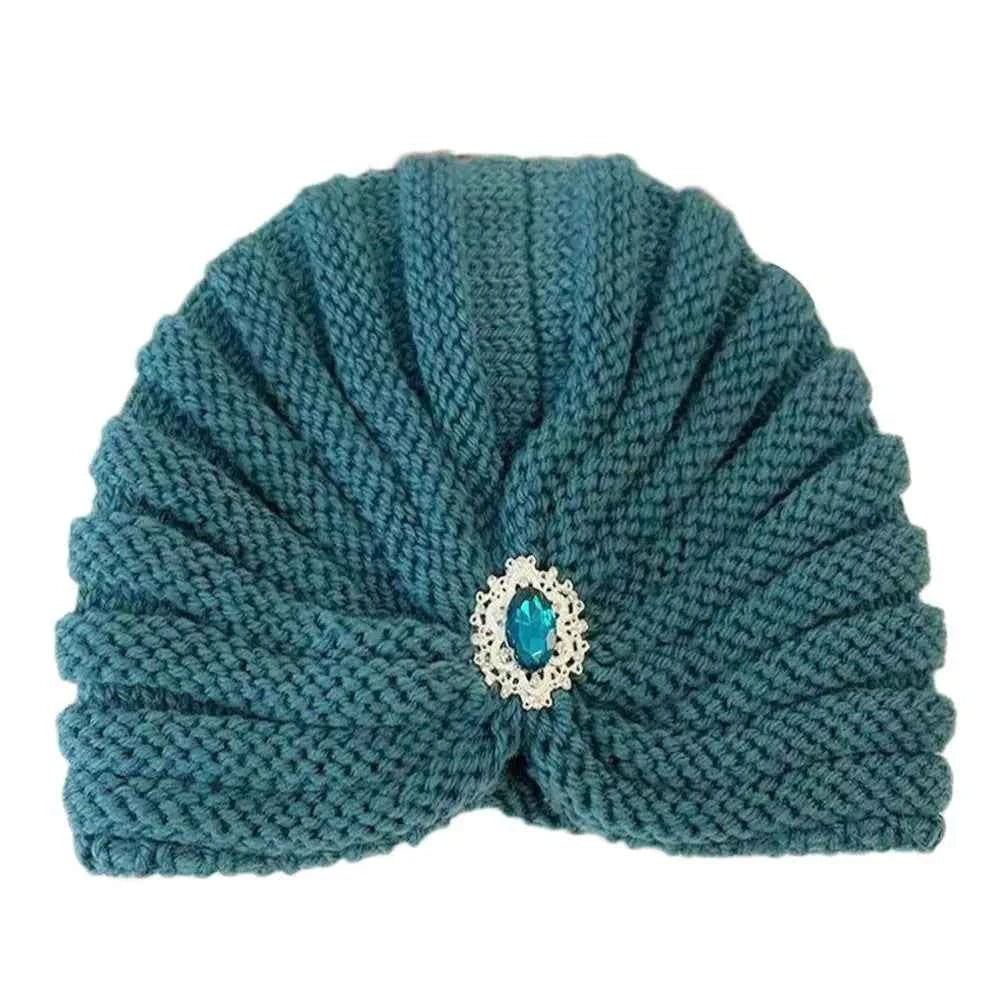 Fashion Winter Warm Hijab Caps Soft Thick Bohemia Turban Diamond Jewelry Wool Knitting Knitted Hats for Women