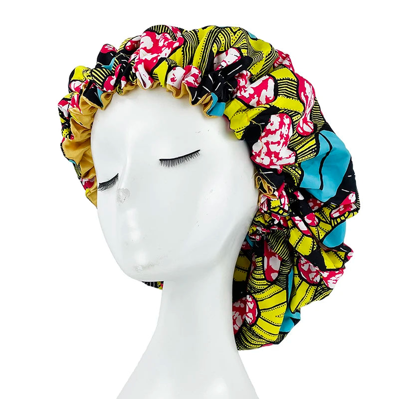 New Big Print Ankara Women Satin Bonnet Head Cover Silky Satin Elastic Sleep Cap Ladies Head Wrap Hat Hair Accessories Fashion - NamafadStore