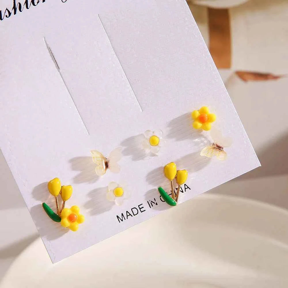 LATS Colorful Fruit Butterfly Flower Earrings Set for Women Creative Trinket Crystal Stud Earrings Fashion Jewelry Accessories