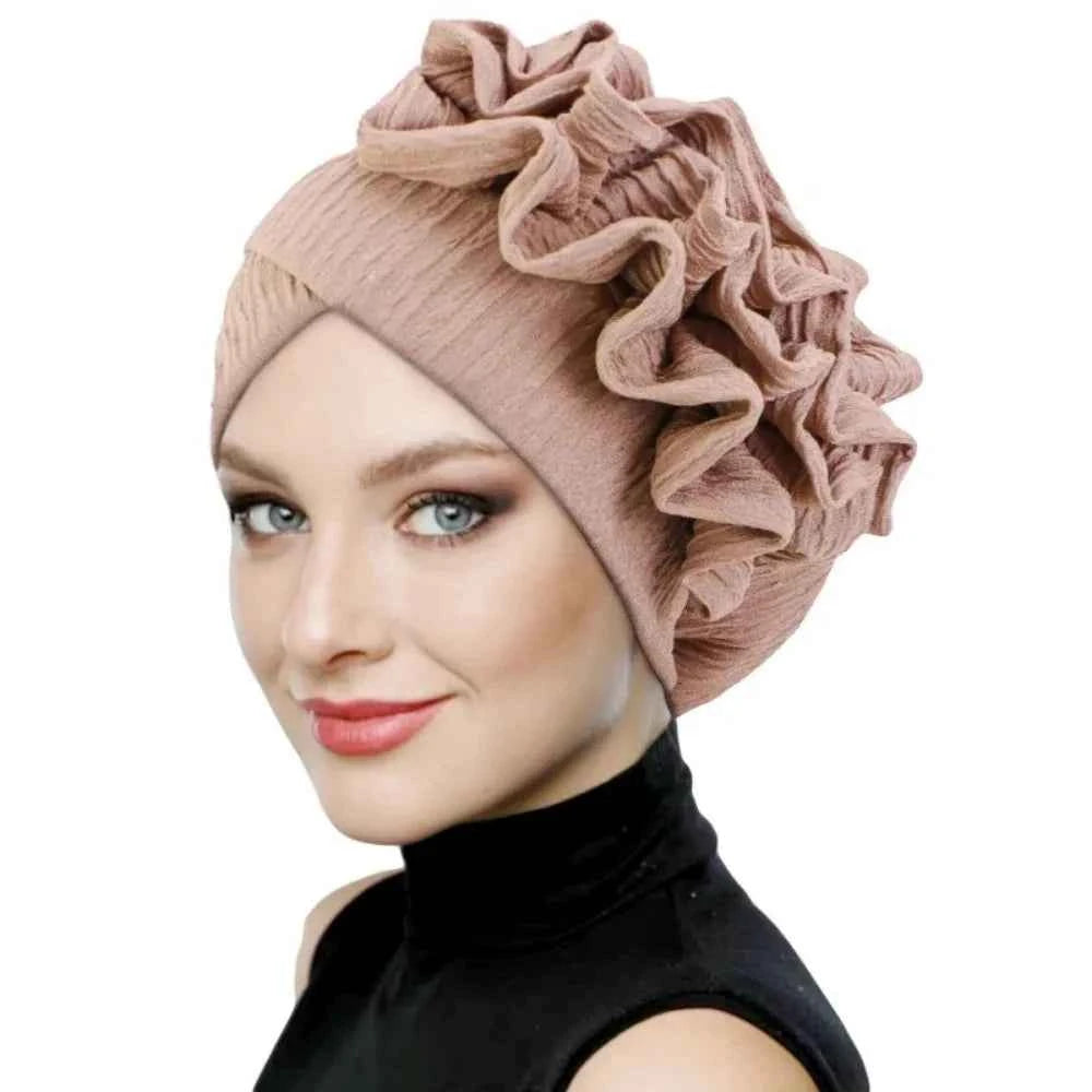 Elegant Elastic Flower Turban Hat Women Ruffle Flower Edge Pre Tied Bonnet Ramadan Chemo Cap For Wedding