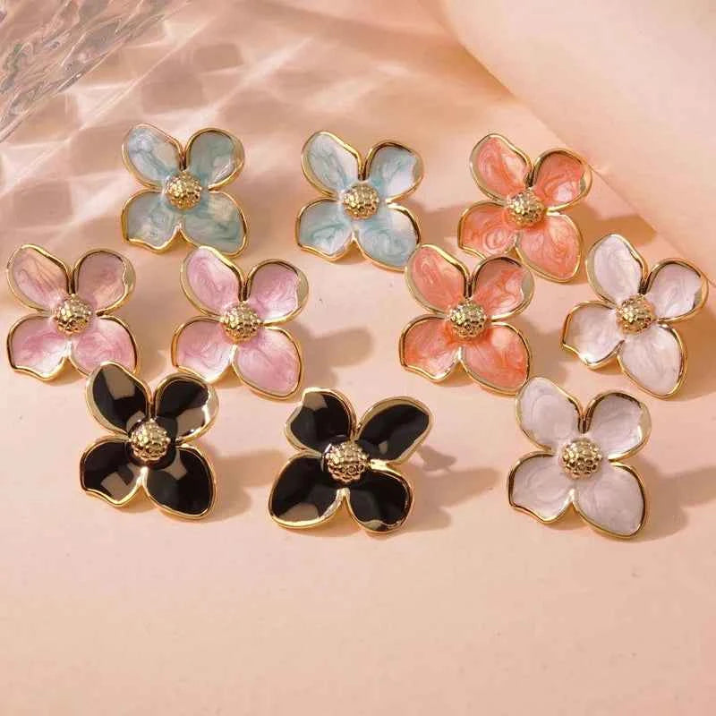 DLHP Vintage French Stainless Steel Drip Enamel Glaze Flower Earrings For Women Delicate Luxury Couple Engagement Jewelry Gifts