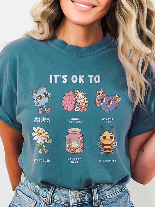 It's Ok To Women's Tee - Mental Health Awareness Graphic, Casual Teal Top