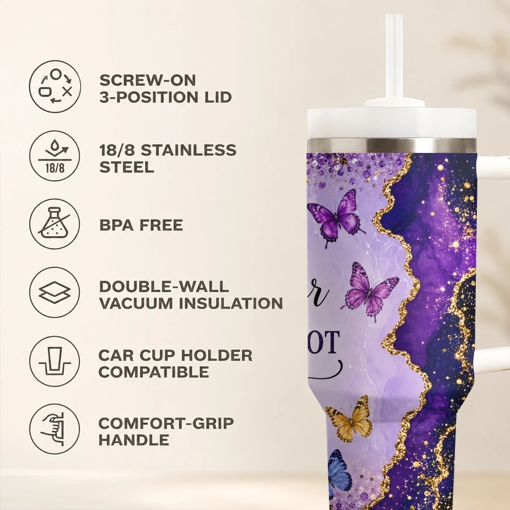 40oz Purple & Gold Glitter Tumbler – Insulated Stainless Steel Travel Mug