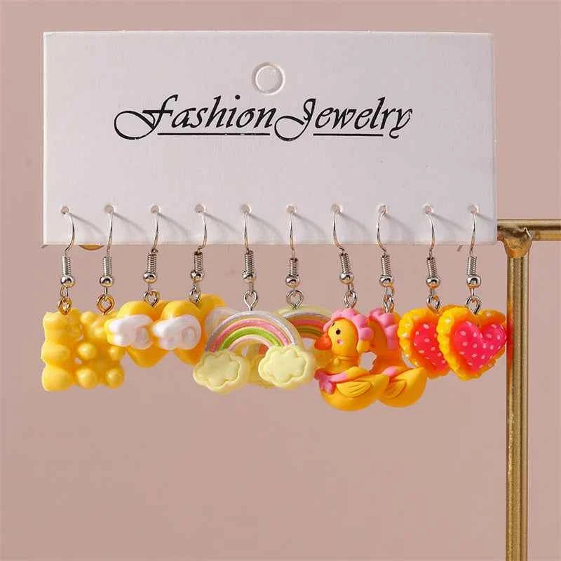 5Pairs/Set Fashion Flower Drop Earrings for Women Resin Heart Animal Dangle Hooks Earrings Girls Party Holiday Jewelry Gifts