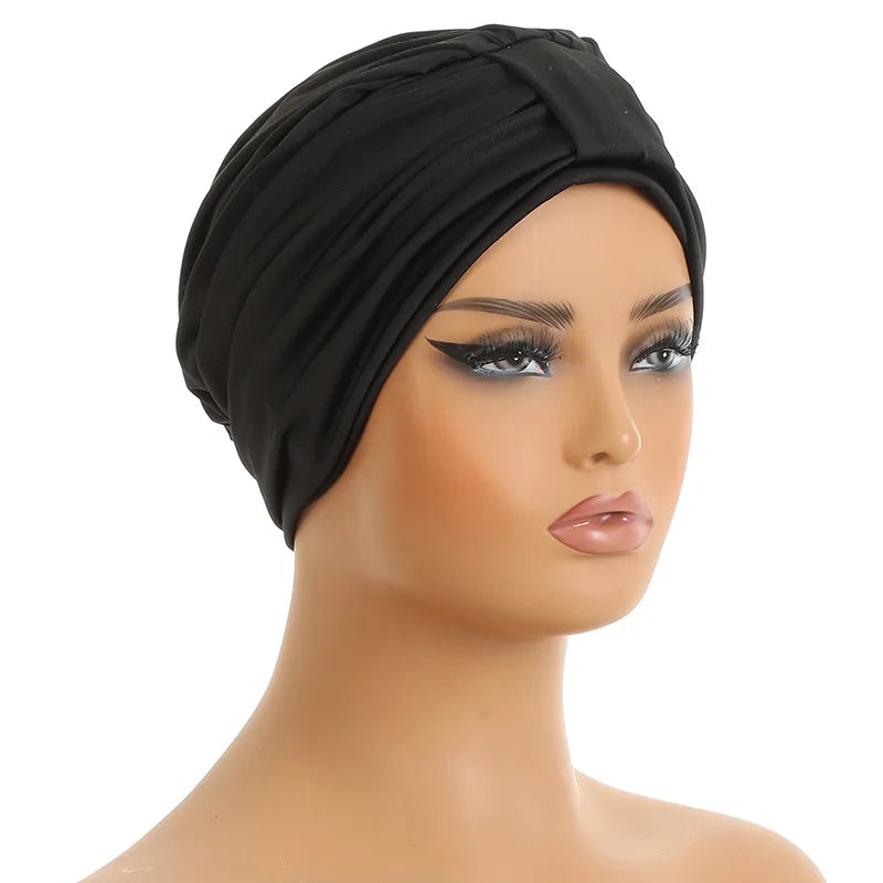 Elastic Top Knotted Women's Turban Cap Muslim Headscarf Hat Female Head Wraps Lady Hair Loss Chemo Cap Daily Bandana Beanie