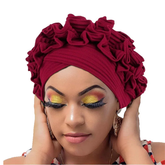 Ruffled Turban Cap Women's Head Wraps Soft Comfortable Headscarf Bonnet Lady Soild Color Headgear - NamafadStore