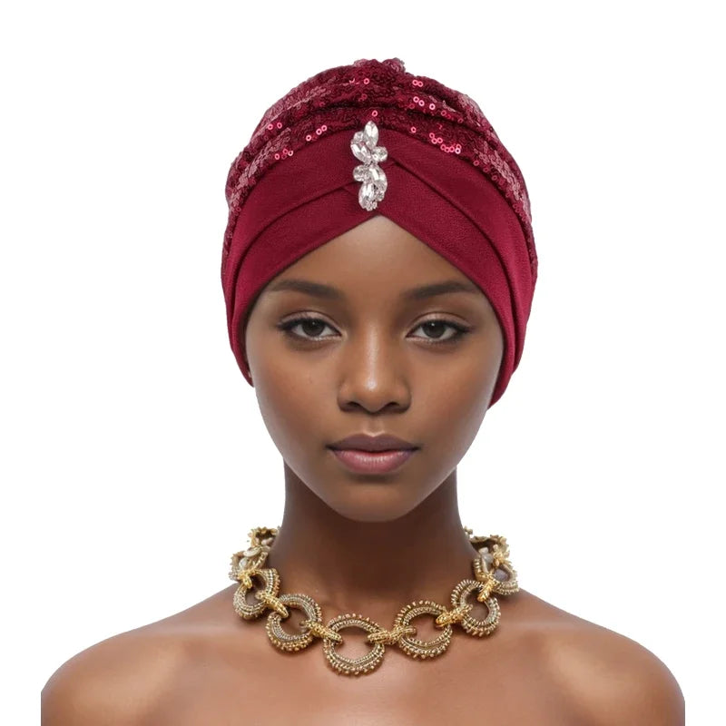 Muslim Headscarf Cap Lady Headwrap Hat Turbante Mujer Sequins Turban Cap for Women Cross Forehead Wrap Head Bonnet - NamafadStore
