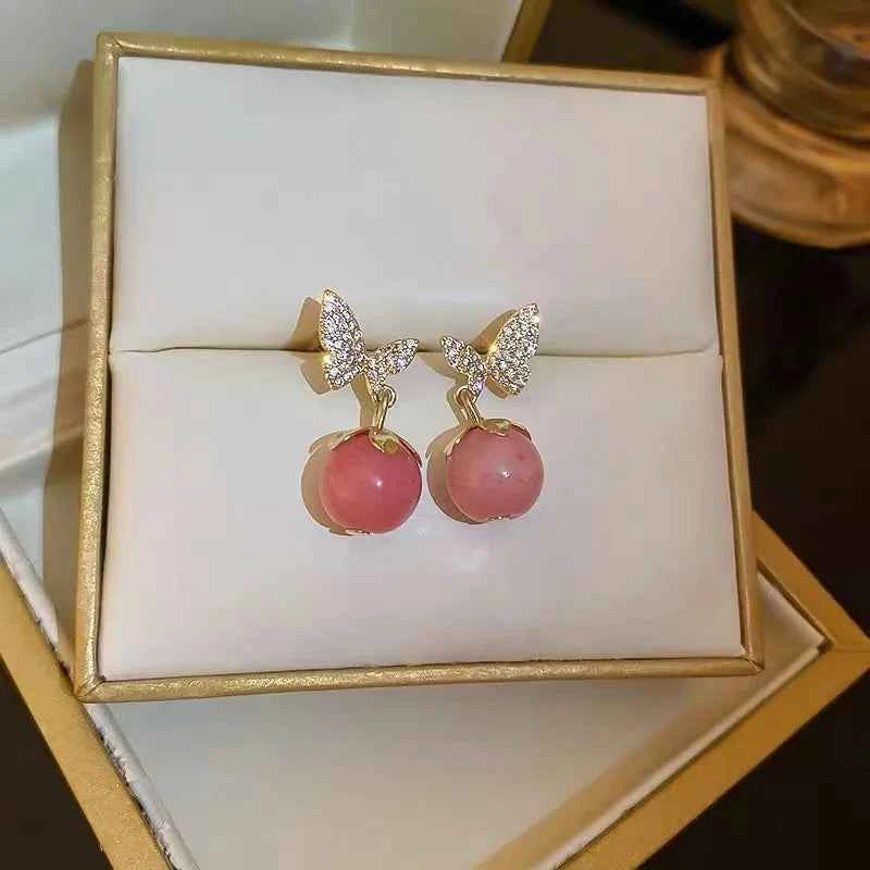 Korean Fashion Butterfly Earrings  Earrings for Women Pink Opal Dangle Earrings Valentines Day Anniversary Birthday Jewelry Gift