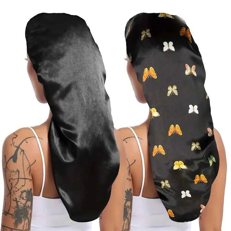 2pc Long Silky Sleep Bonnet For Straight Curly Hair, Extra Large Hair Bonnets For Dreadlock And Braids, Satin Sleeping Caps - NamafadStore