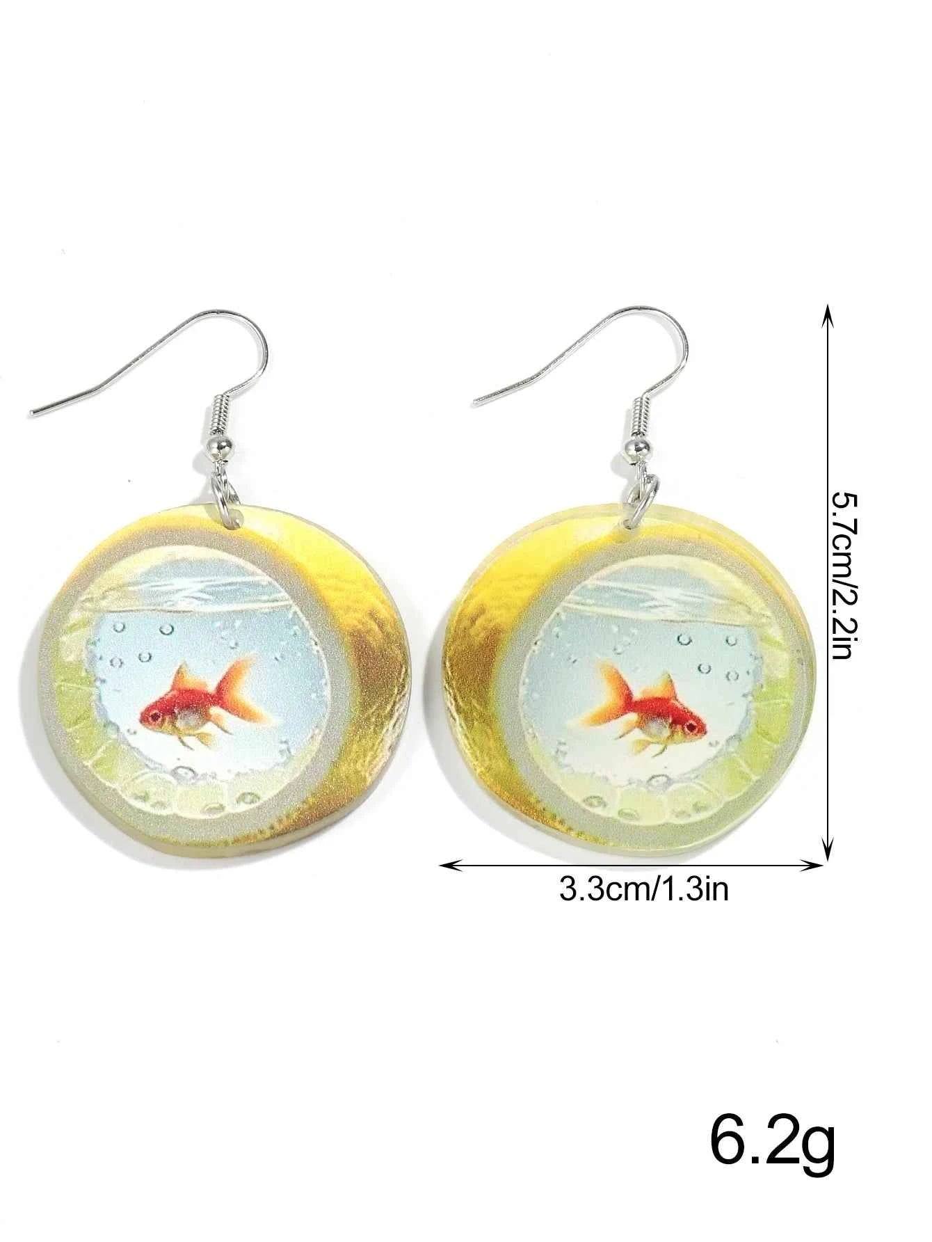 Cute Cartoon 2D Lemon Fish Acrylic Print Drop Earrings for Women Funny Round Carp Dangle Earring Creative Jewelry Birthday Gift