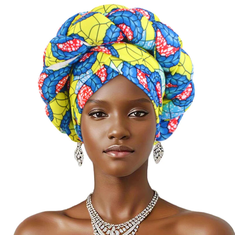 New African Print Twisted Large Braid Turban Hat Muslim Hijab Hat Elastic Head Wraps Headscarf Ramadan Headscarf Beanie Hats - NamafadStore