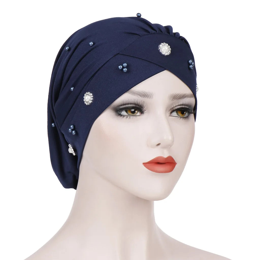 1PC New Women Elastic Turban Hat Muslim Hijab Islamic Beads Cancer Chemo Cap Ladies Hijab Stretch Head Wrap Head Scarf Hair Loss - NamafadStore