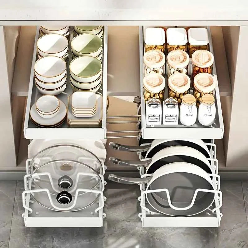 Adjustable Cookware Storage Rack, Kitchen Pull-out Shelf, Sliding Countertop and Dish Rack Inside Cabinets