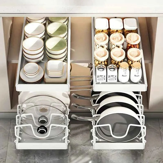 Adjustable Cookware Storage Rack, Kitchen Pull-out Shelf, Sliding Countertop and Dish Rack Inside Cabinets