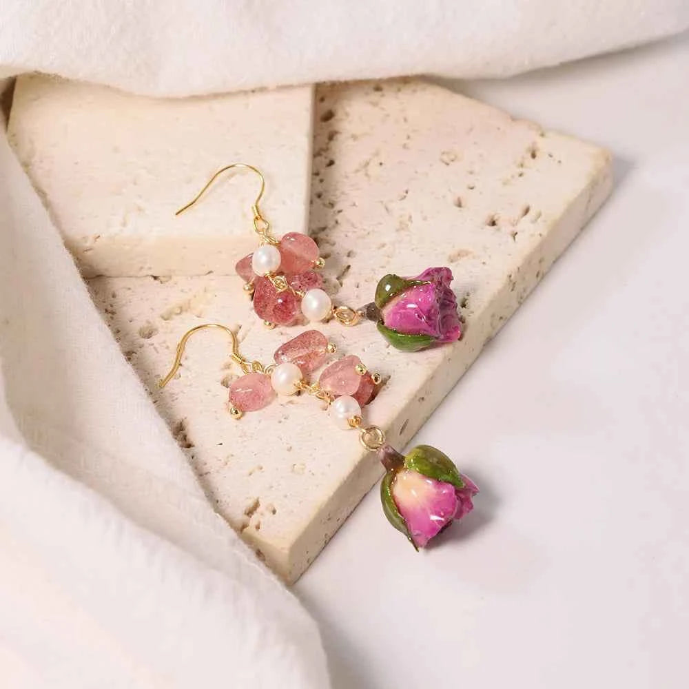 Natural Freshwater Pearl Drop Gel Flower Earrings Korean Style Women's Luxury Vintage Jewelry Fashion Ladies and Girls Gift